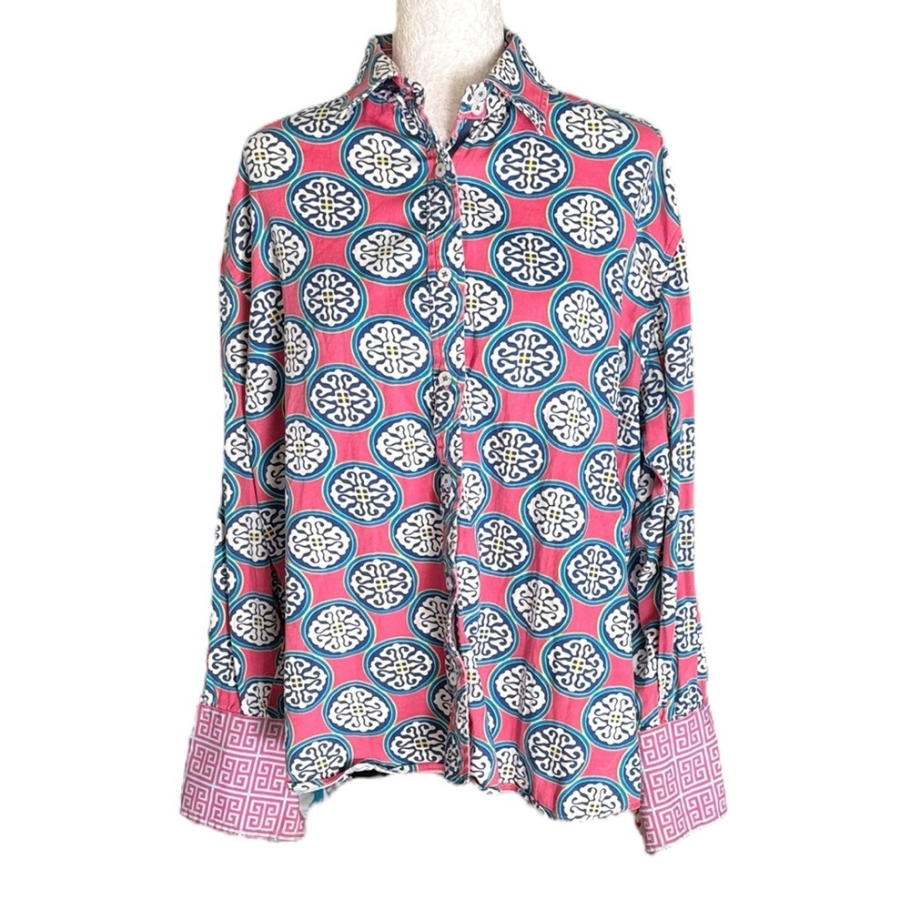 TIZZIE Blue & Pink Medallion Greek Key Print Button Down Shirt - L